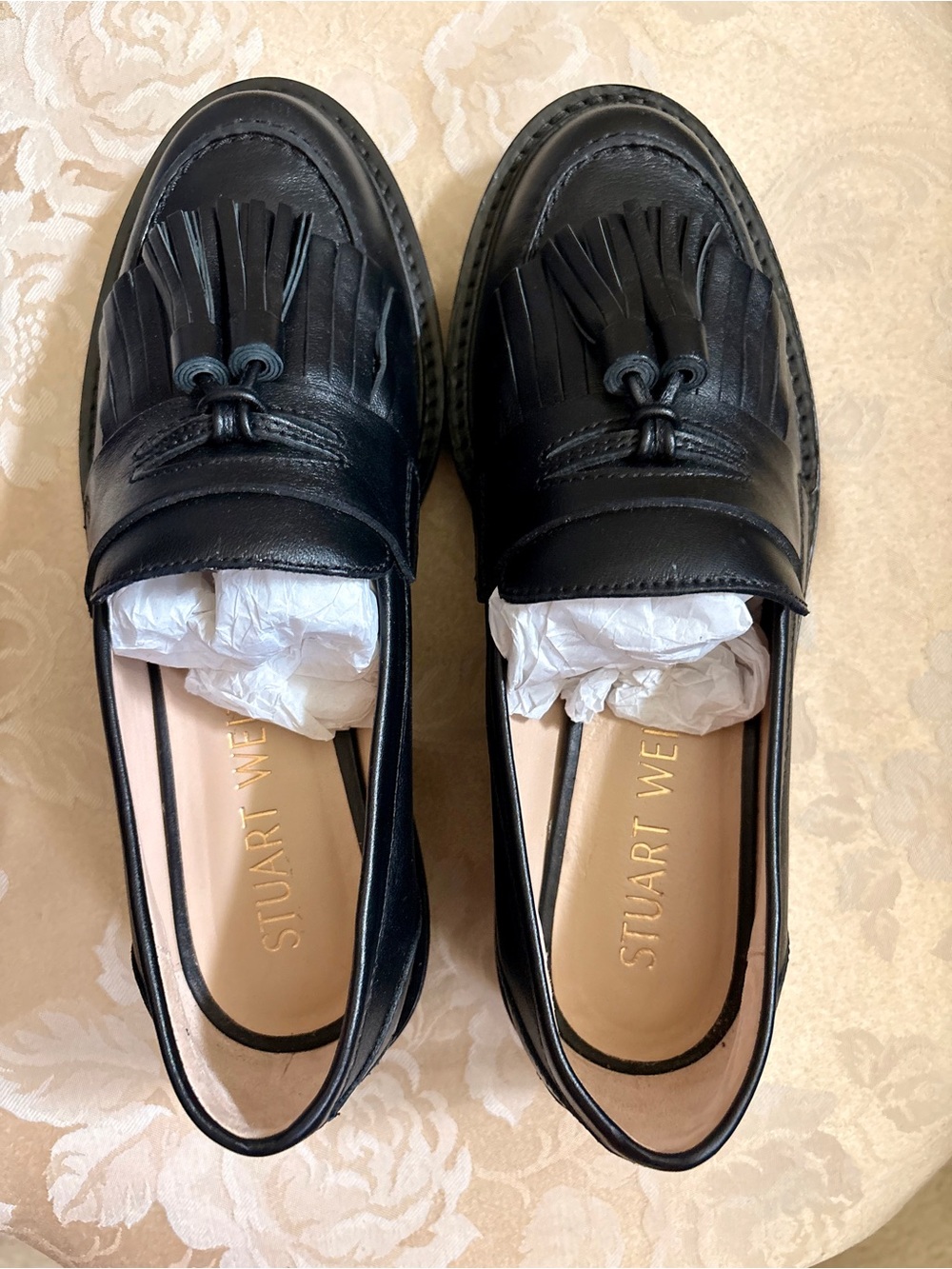 Stuart Weitzman Black Leather Tassel Kiltie Loafers with Fringe